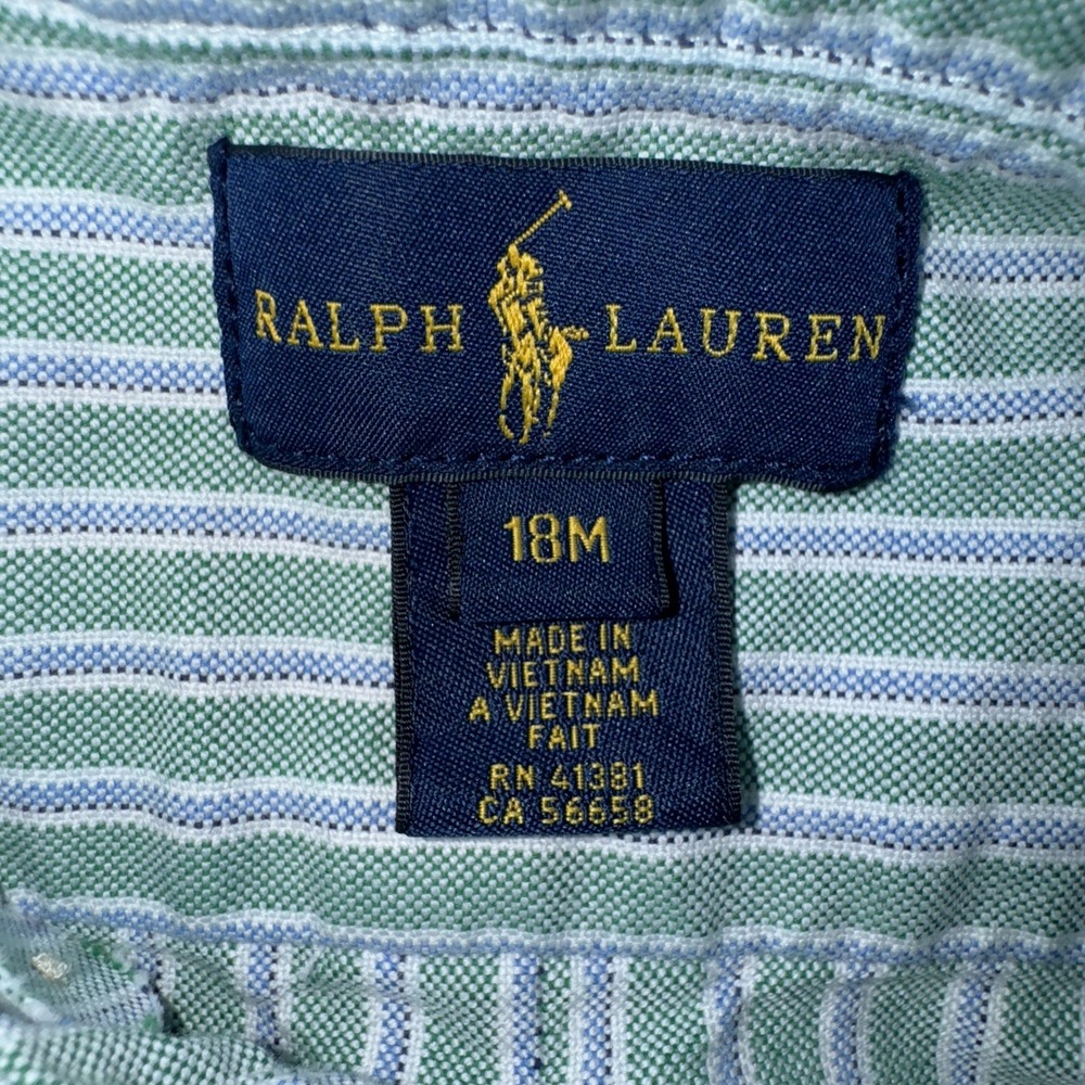 Ralph Lauren Boys Button Down Shirt 18Mths Long Sleeve Green Blue Stripe Brown - Picture 4 of 5